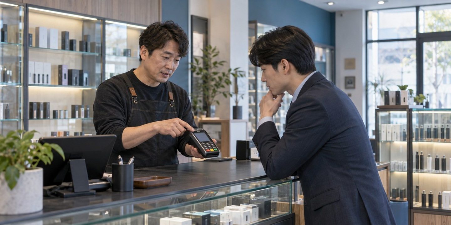 매장 카운터에서 단말기 이용을 설명하는 두 사람 — PG결제 웨딩 카드결제 정산 계좌협력사 다섯 곳 송금에 장부가 자꾸 어긋나시나요? 연락 주시면 매출 통장부터 한곳으로 묶어 드립니다.