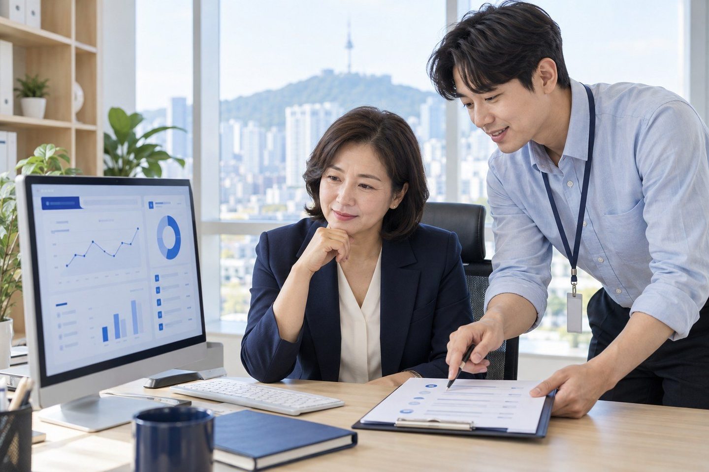 온라인 업무 화면을 함께 확인하는 두 사람 — PG결제 웨딩 카드결제 잔금은 크게, 입금은 제날짜에 받으세요.